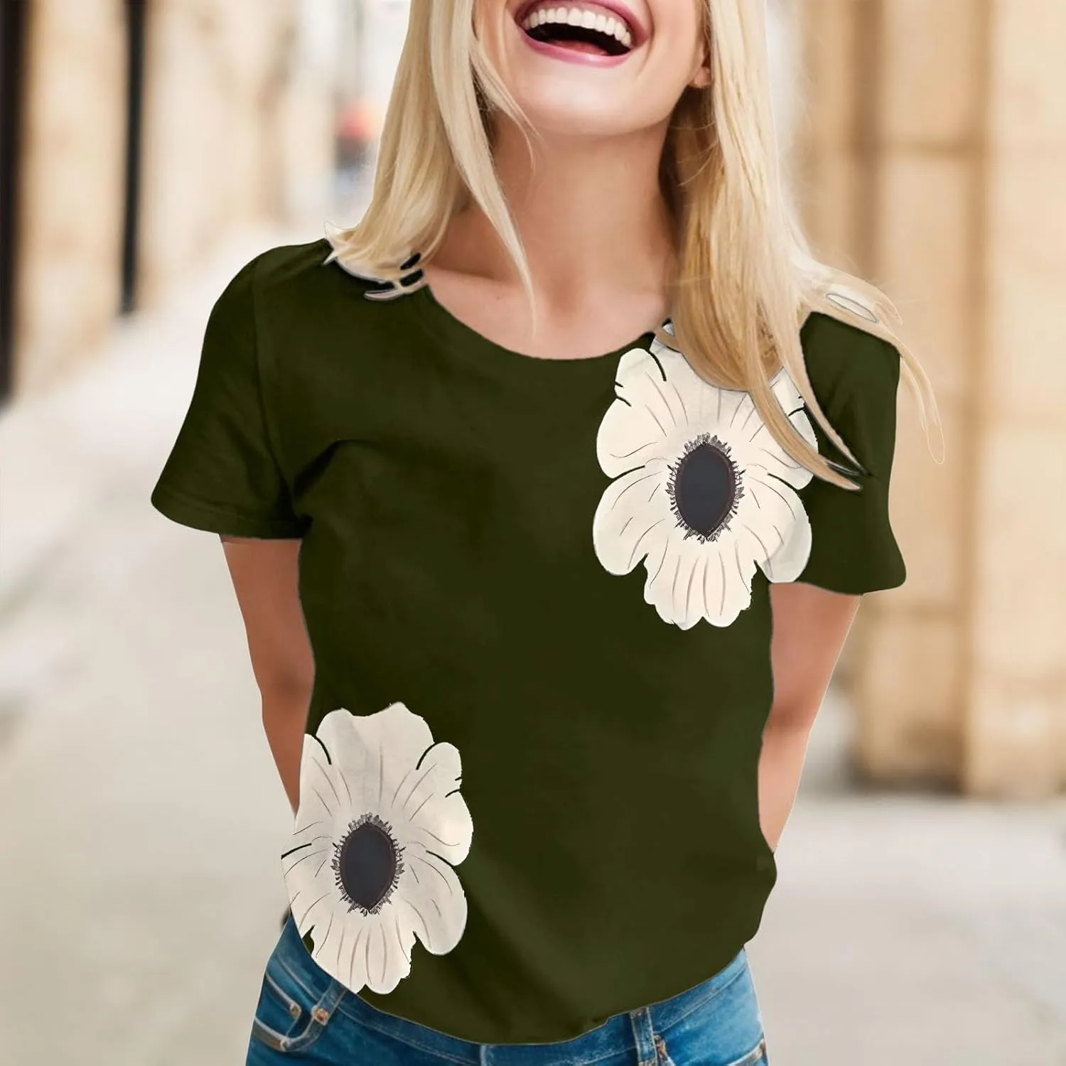 Graphic Tees for Women Short Sleeve Tshirts,Womens Summer Tops Crewneck Shirt Blouse Flower Printed Tops for Women