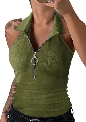 GRASWE Women's V Neck Casual Ribbed Tank Tops Zipper Tunic Ribbed Sexy Slim Fit Knit Party Club Tops