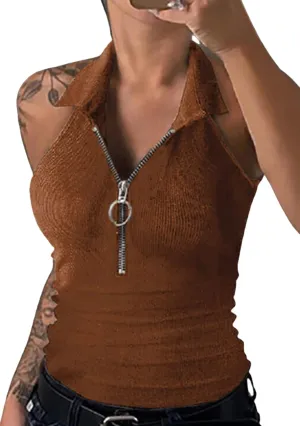 GRASWE Women's V Neck Casual Ribbed Tank Tops Zipper Tunic Ribbed Sexy Slim Fit Knit Party Club Tops