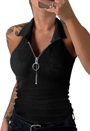 GRASWE Women's V Neck Casual Ribbed Tank Tops Zipper Tunic Ribbed Sexy Slim Fit Knit Party Club Tops