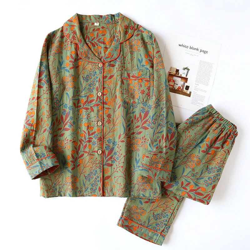 Green AOP Leaf Print Pure Cotton Pajama Set
