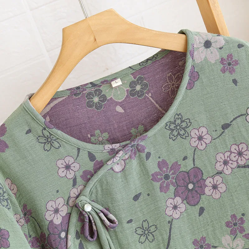 Green Butterfly Buckle Plum AOP Pajama Set