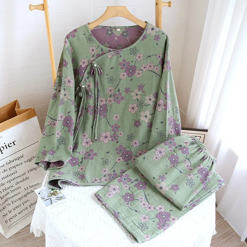 Green Butterfly Buckle Plum AOP Pajama Set