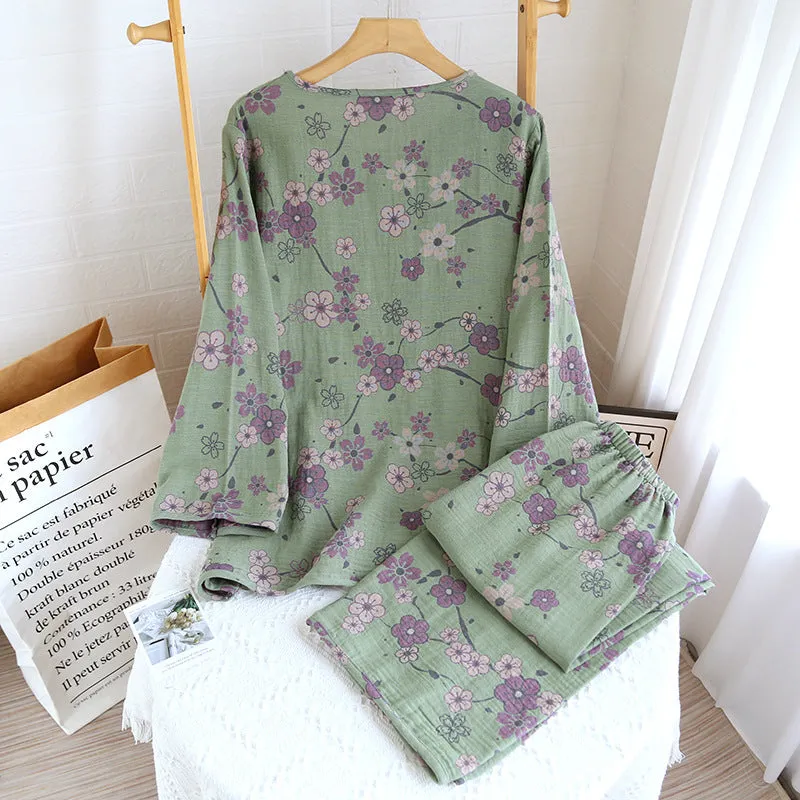 Green Butterfly Buckle Plum AOP Pajama Set