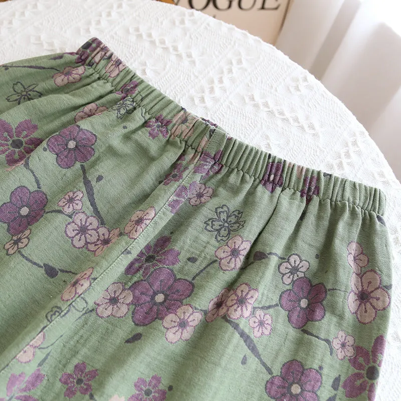 Green Butterfly Buckle Plum AOP Pajama Set