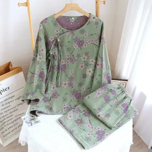 Green Butterfly Buckle Plum AOP Pajama Set
