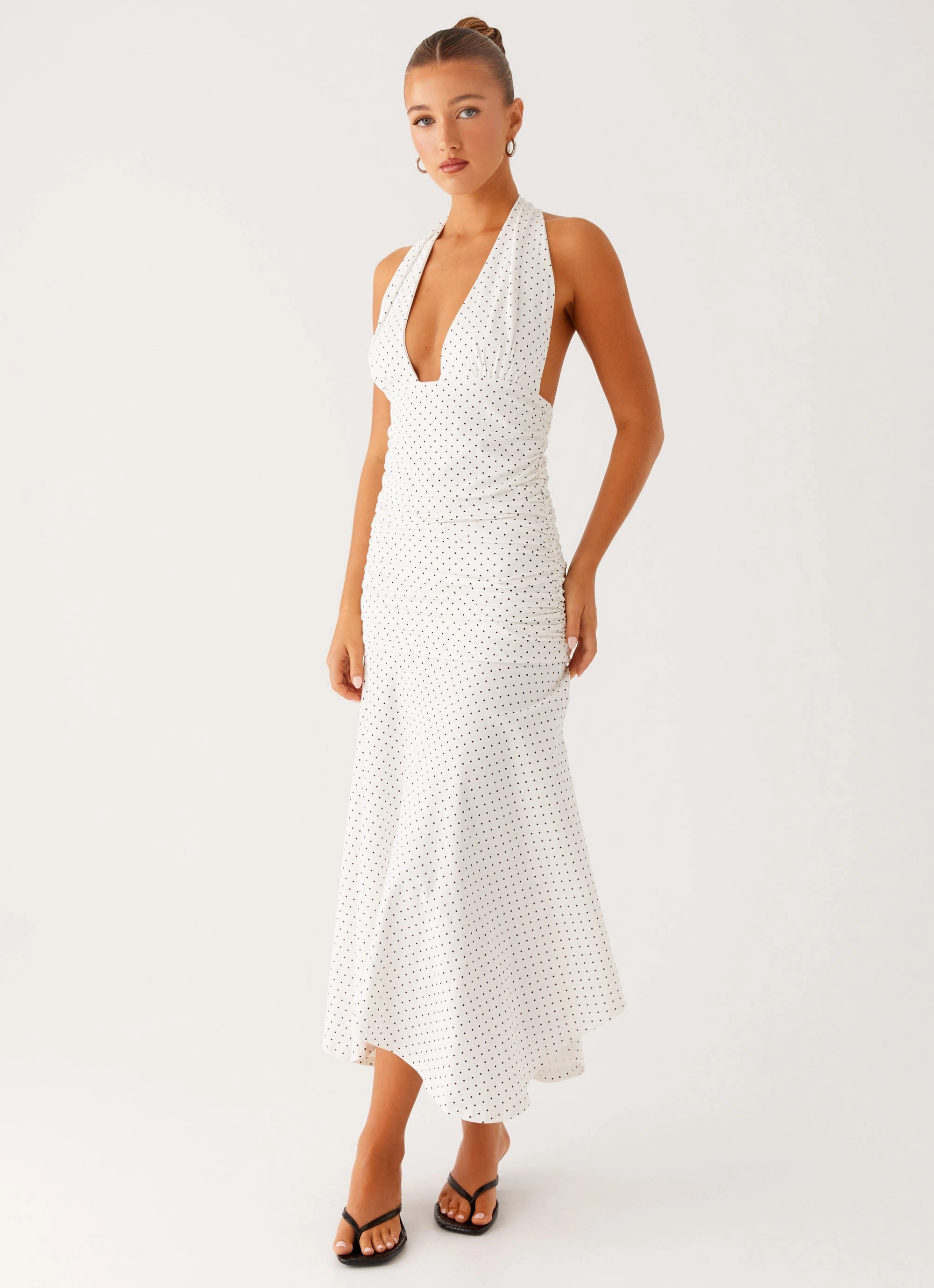 Versatile Style Wear Skin Tone Grettana Halter Neck Midi Dress - White Polka Dot