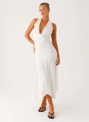 Grettana Halter Neck Midi Dress - White Polka Dot Cotton Touch Dreamy Motion