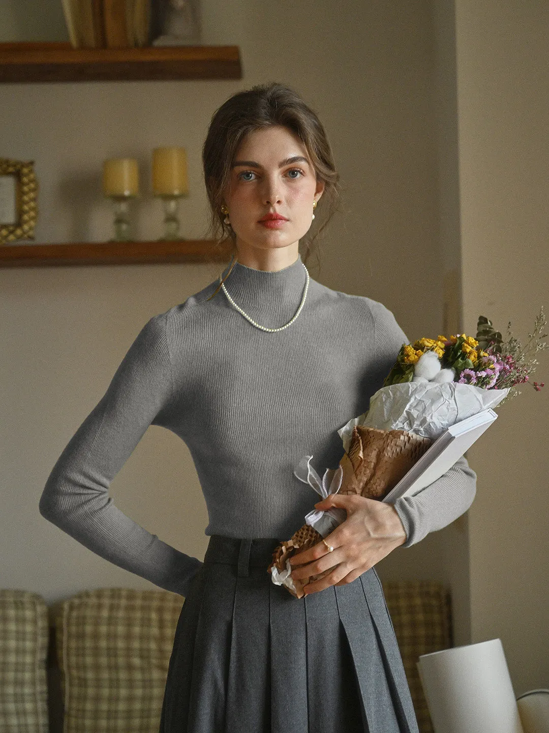 Erin 100% Wool Simple Mock Neck Slim Fit Sweater - Green Multipurpose Layering Piece