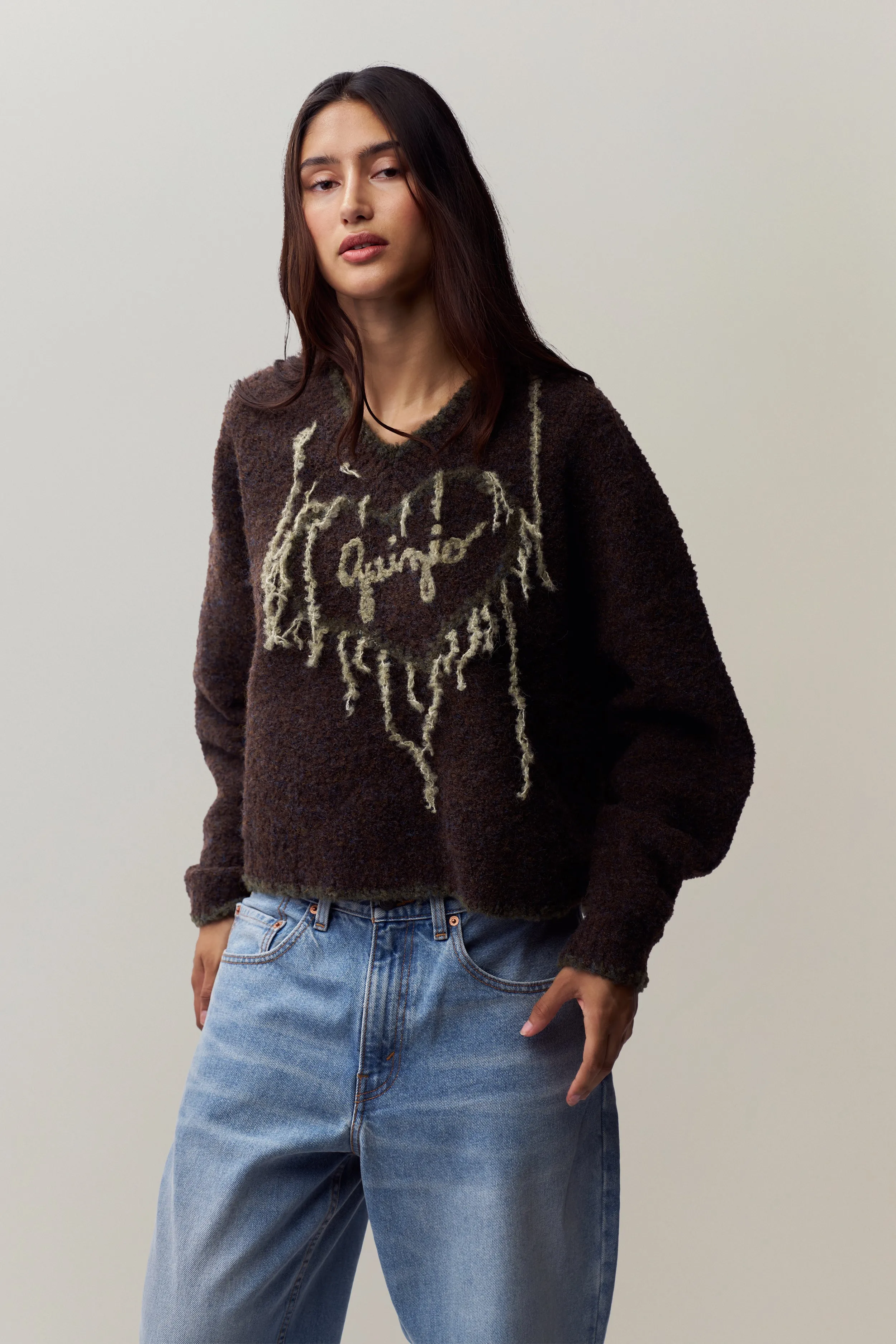 Guizio Heart Sweater LayeredPanel FlexibleNeckline
