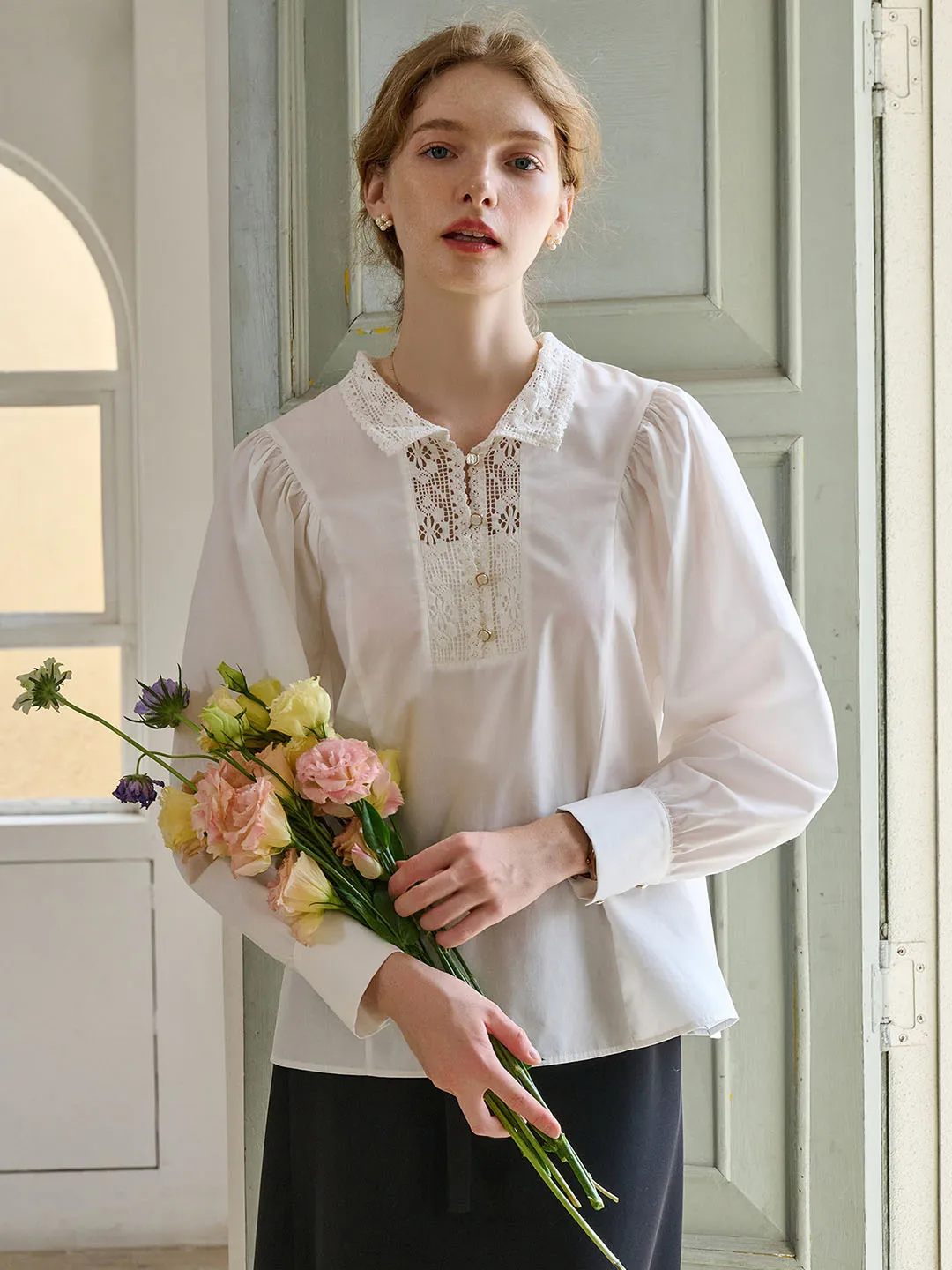 Hadleigh Lace Paneled Hollow Puff Sleeve Blouse FlexibleRibbing Bonded Seam Innovation