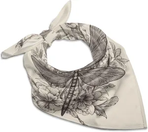 Hand Drawn Floral Dragonfly 25 Inches Satin Head Scarf Lightweight Silk Hair Scarves Soft Silk Head Scarf for Women Large Satin Bandanas Square Headscarf Fashion Headband Neckerchief Neck Scarves Gift