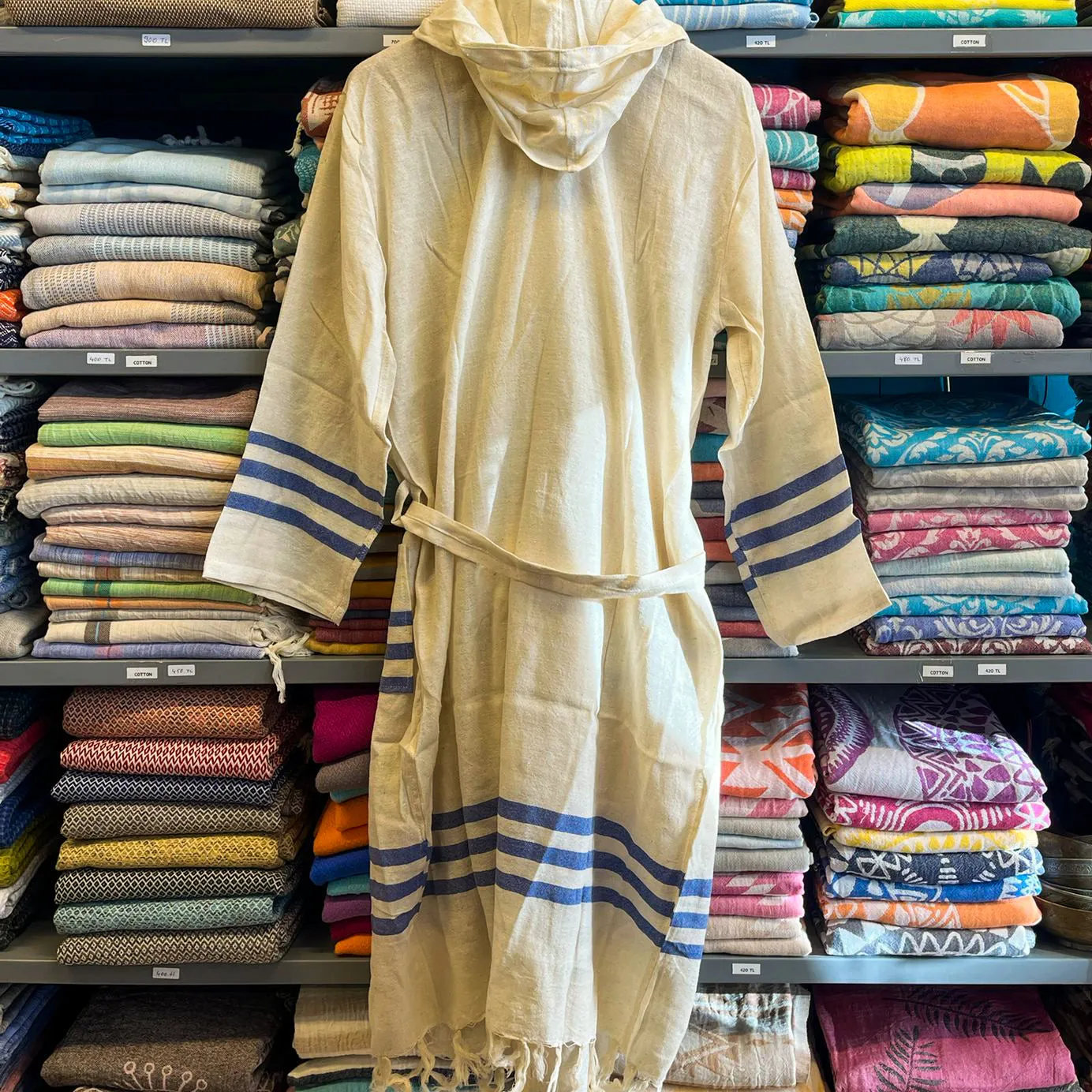 Hand-Woven Pure Silk Turkish Towel Bathrobe Ecru