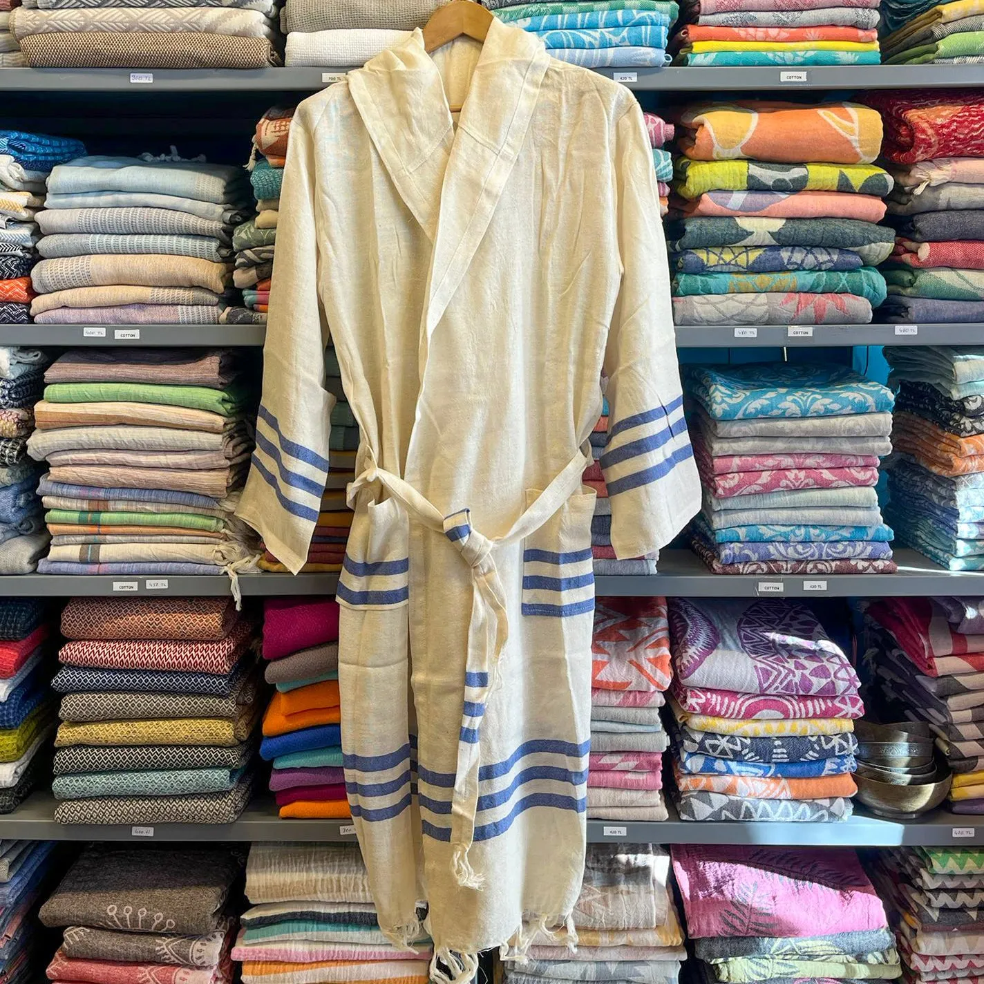 Hand-Woven Pure Silk Turkish Towel Bathrobe Ecru