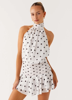 Mood Edge Willow Chiffon Mini Dress - White Polka Dot