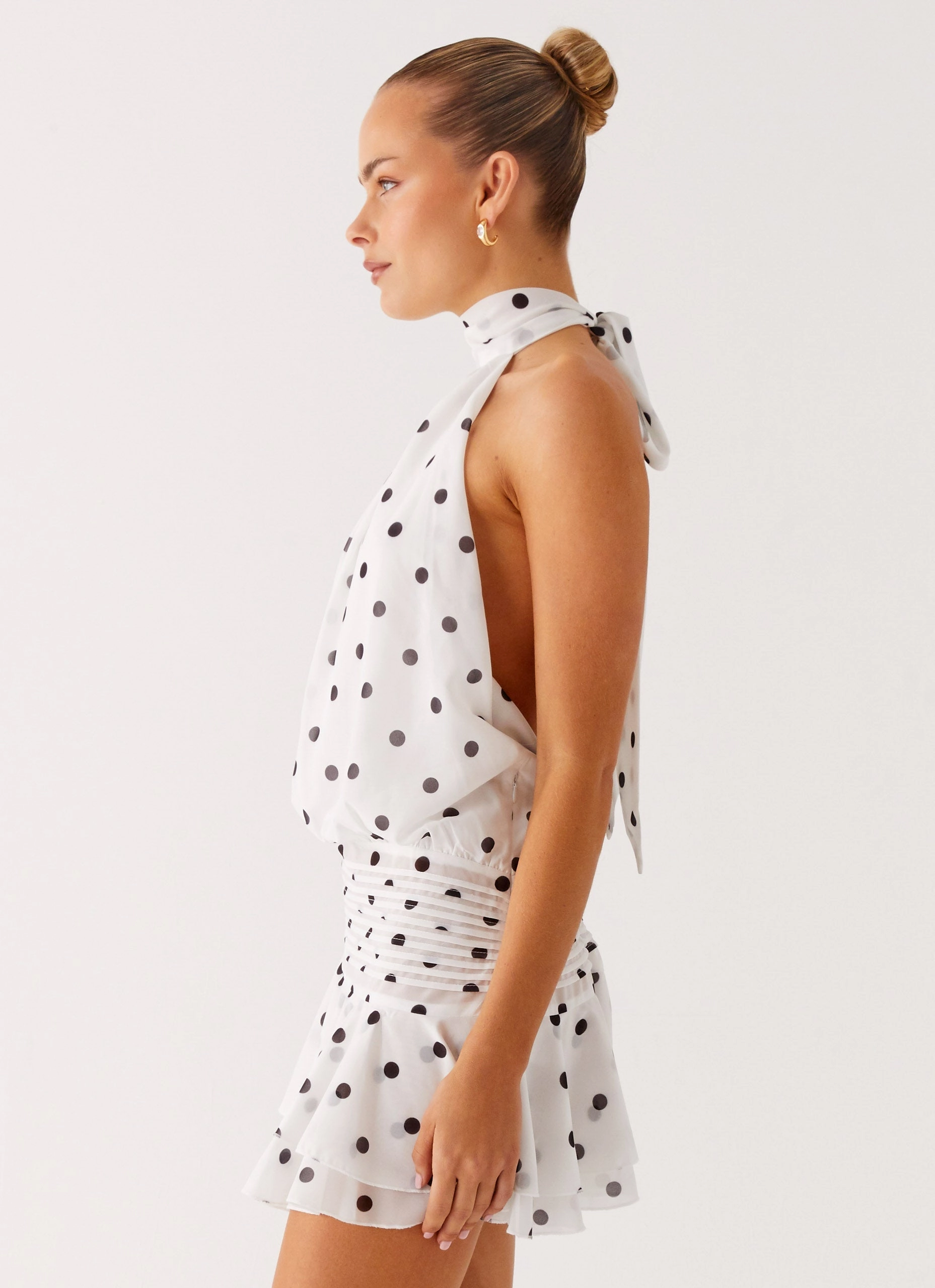 Comfy and Cozy Velvet-Touch Willow Chiffon Mini Dress - White Polka Dot