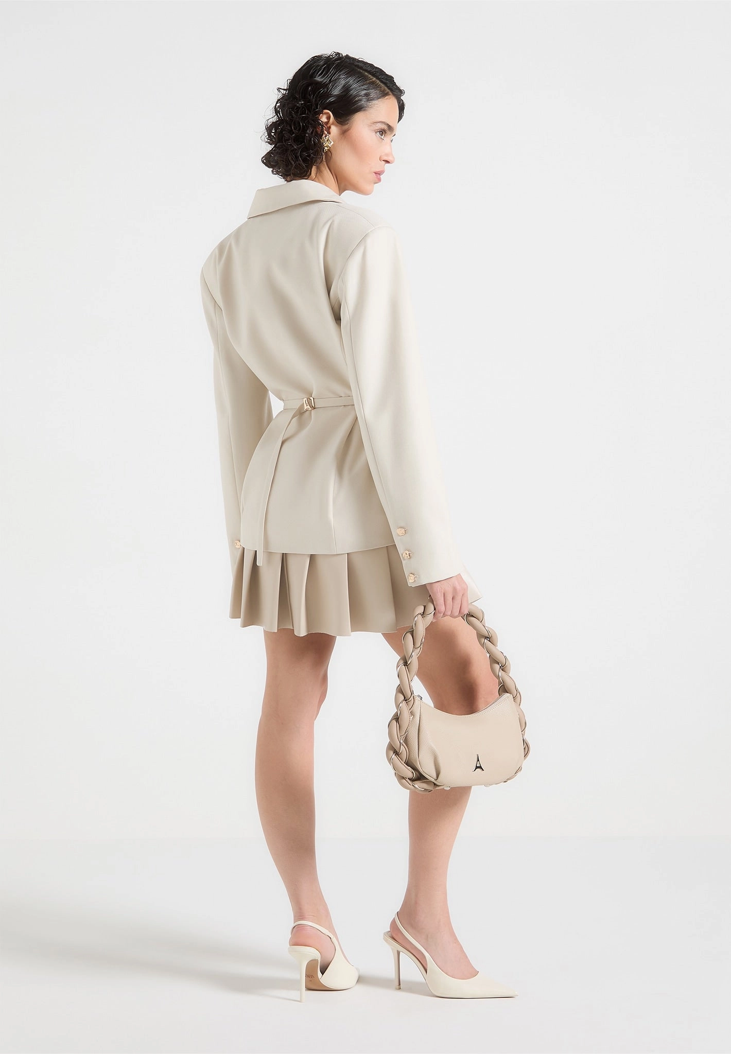 Nicole - Tailored Cinch Blazer Dress with Pleats - Beige Scandi Light