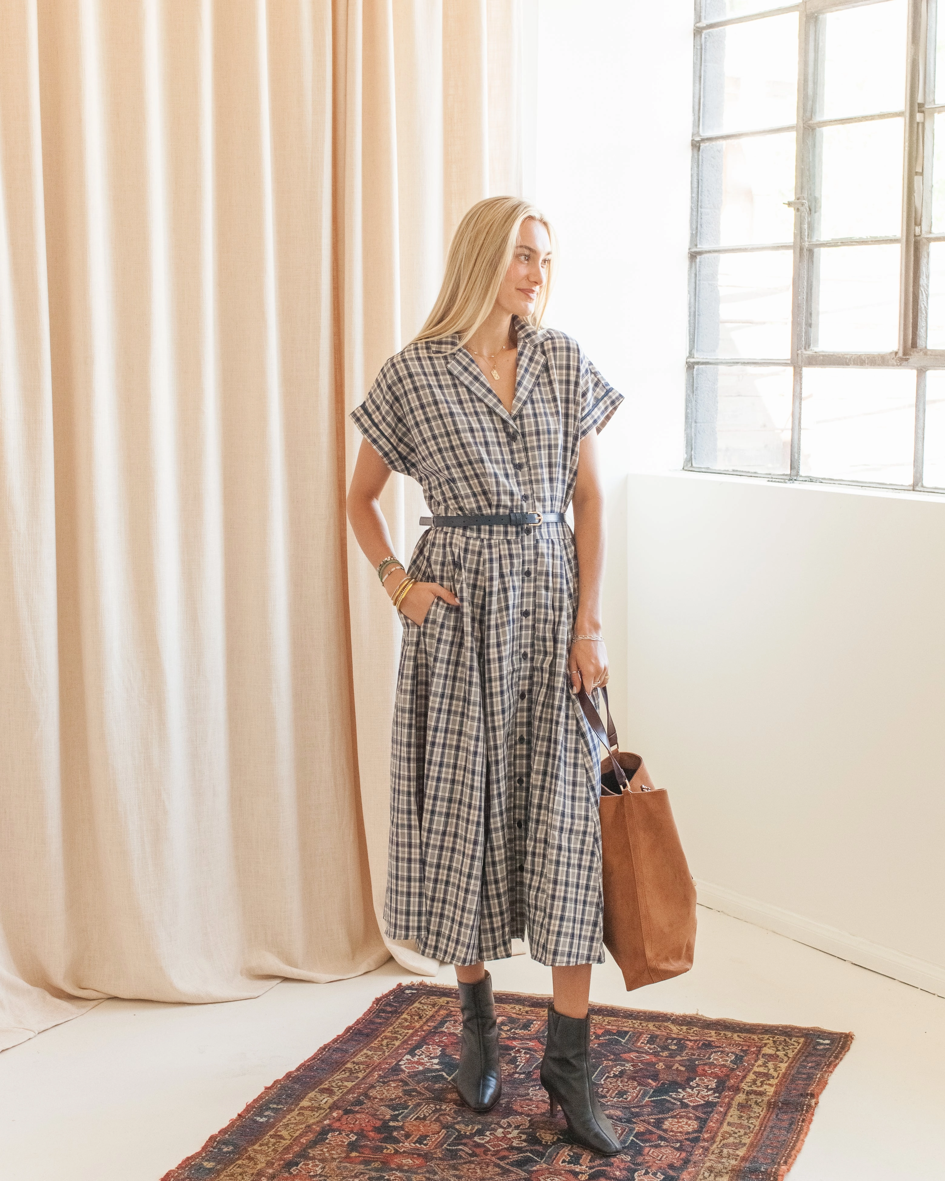 Penelope Belted Midi Dress Front Ruffle Feminine Style
