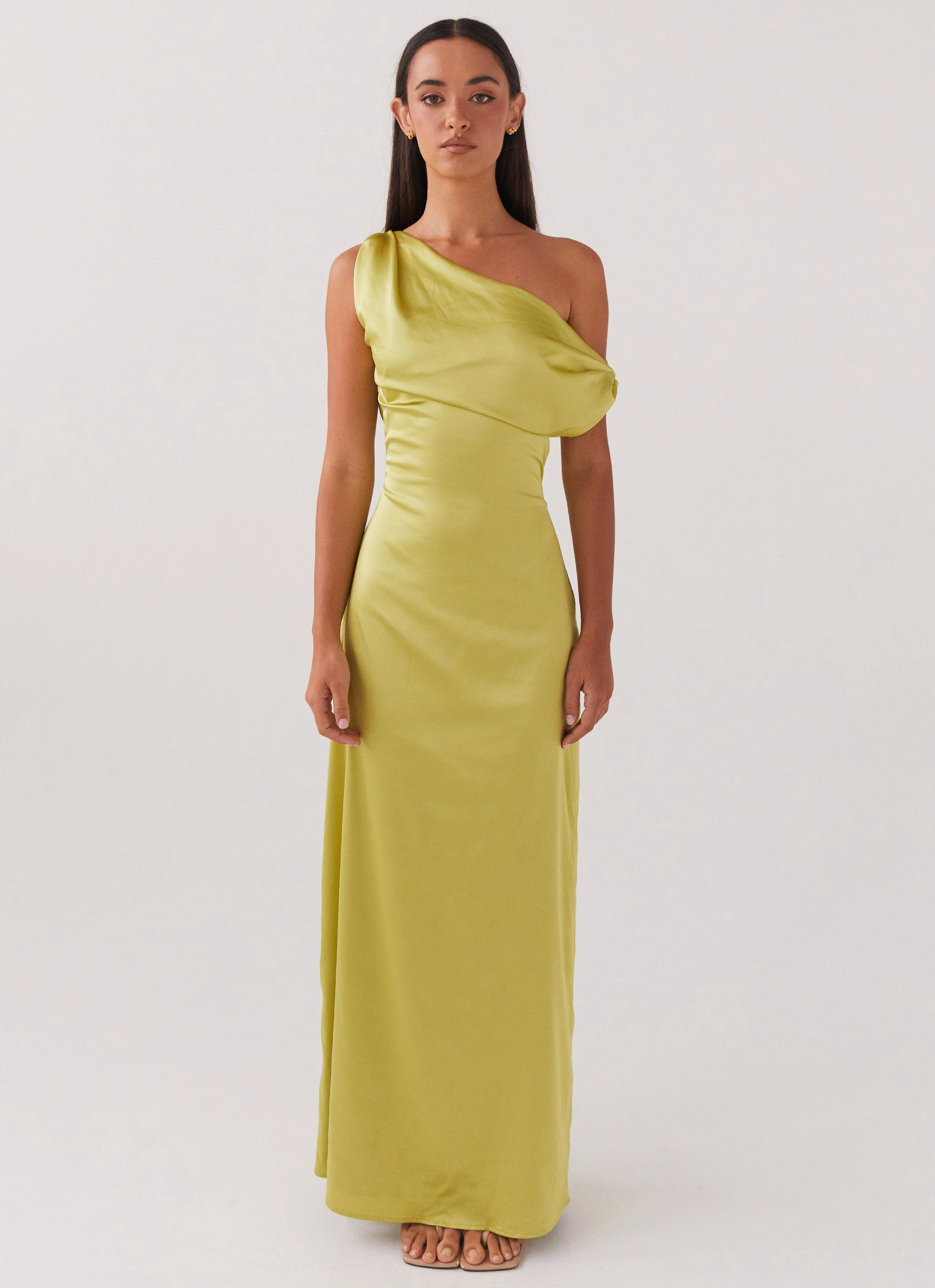 Quick Glam Holiday Wear Heart Of Glass Satin Maxi Dress - Chartreuse