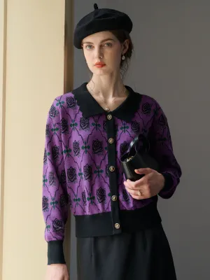Ultraviolet Protection Fabric Hannah Floral Pattern Contrast Trim Cardigan-Purple