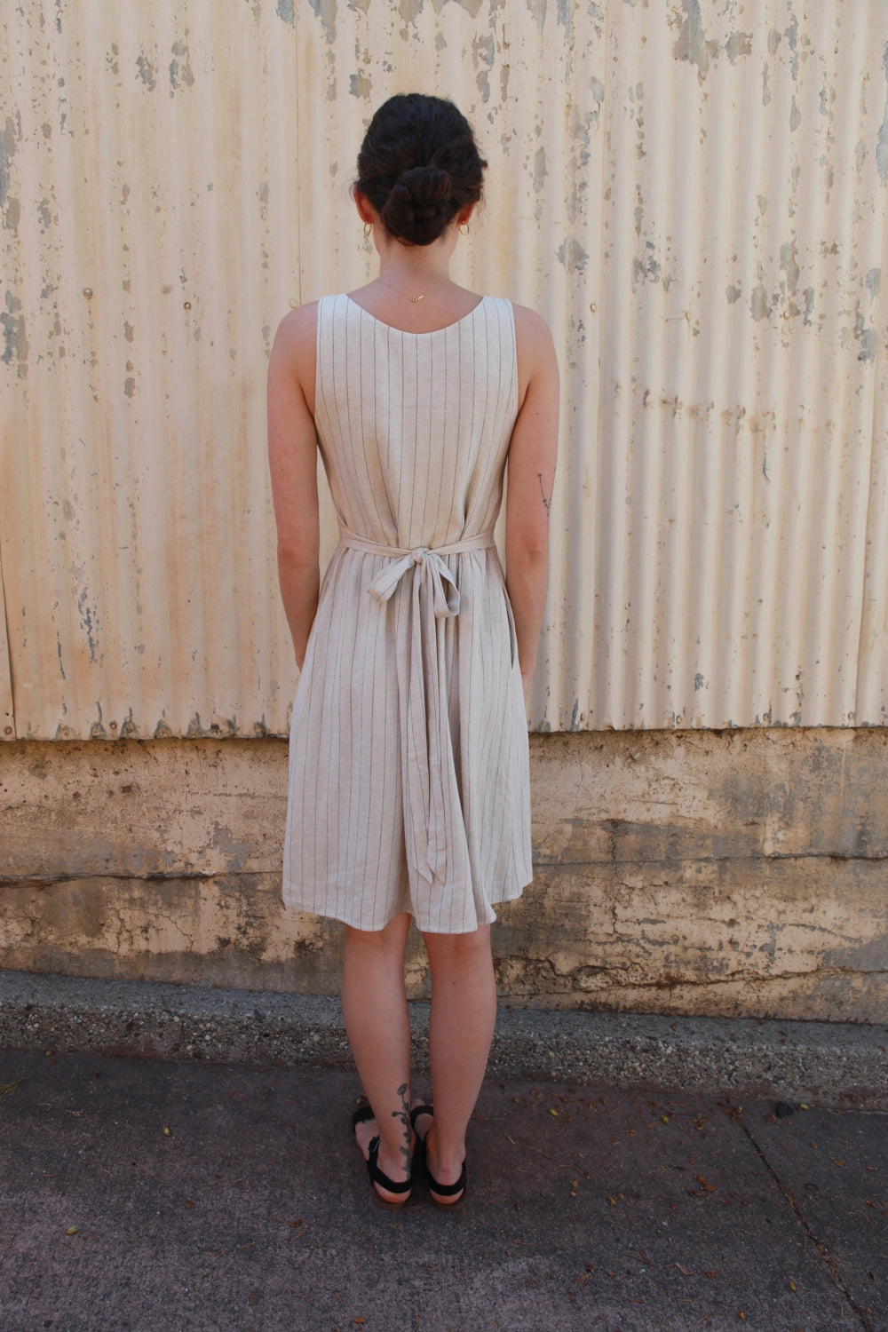 Hannah Dress in Oat Linen Stripe Front-Pocket BiasCutSilhouette