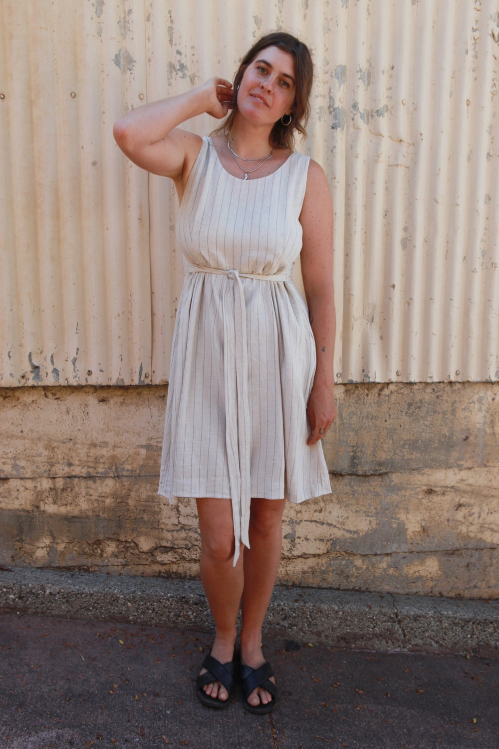 Hannah Dress in Oat Linen Stripe Skirt Flare