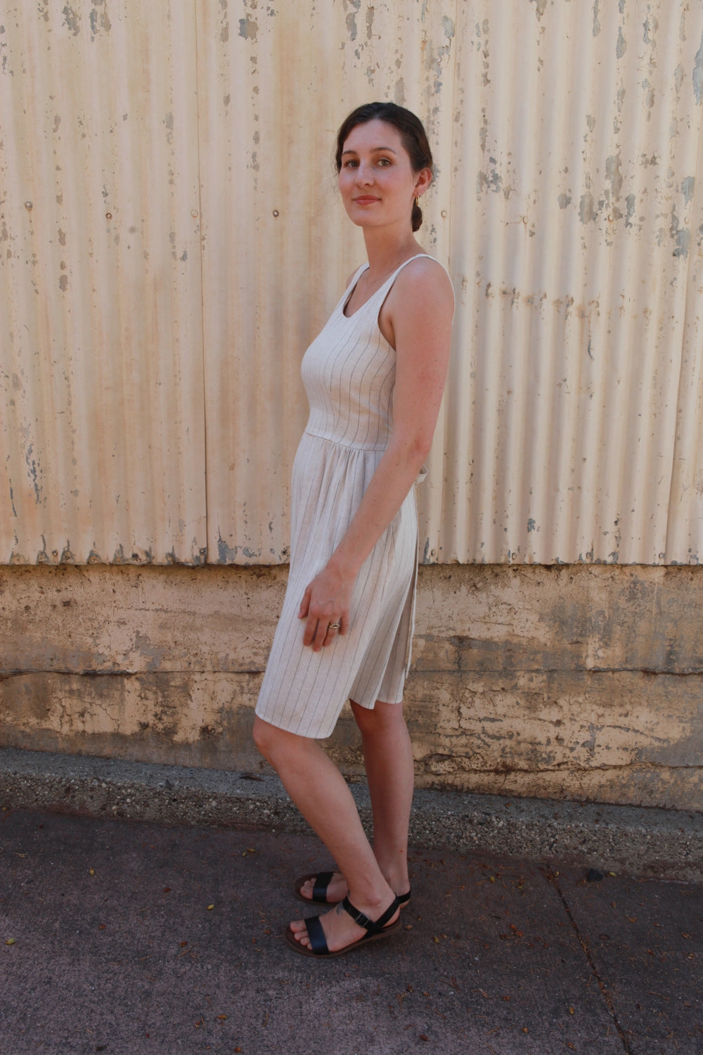 Hannah Dress in Oat Linen Stripe Relax Feel