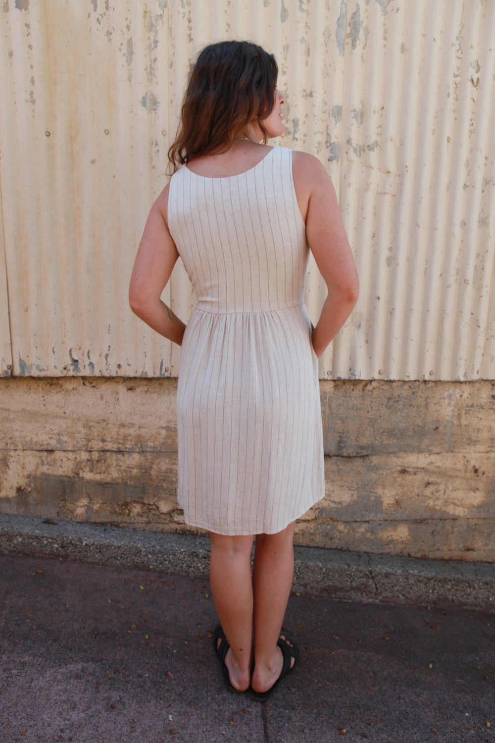 Light Fabrication Bold Fashion Hannah Dress in Oat Linen Stripe