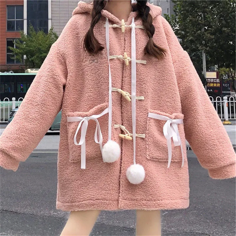 Harajuku Kawaii Aesthetic Dollette Pink Ribbon Pom Pom White Sherpa Coat