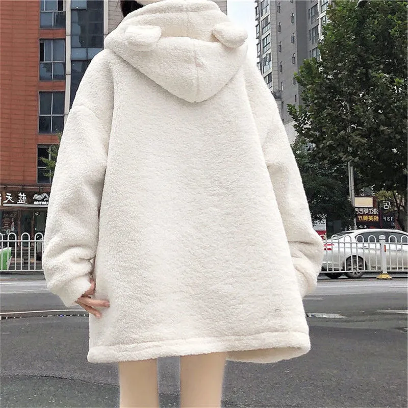 Harajuku Kawaii Aesthetic Dollette Pink Ribbon Pom Pom White Sherpa Coat