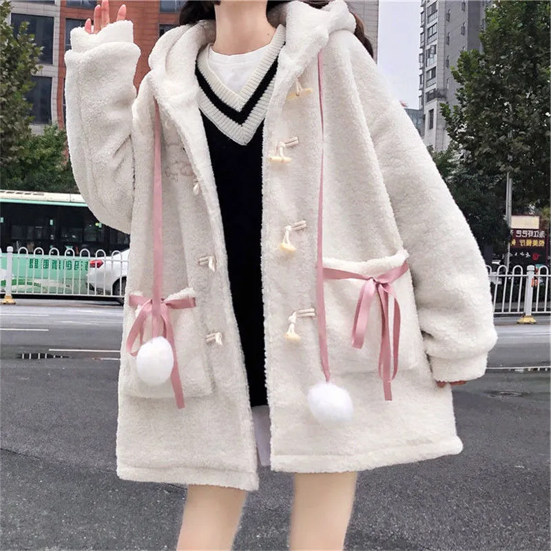 Harajuku Kawaii Aesthetic Dollette Pink Ribbon Pom Pom White Sherpa Coat