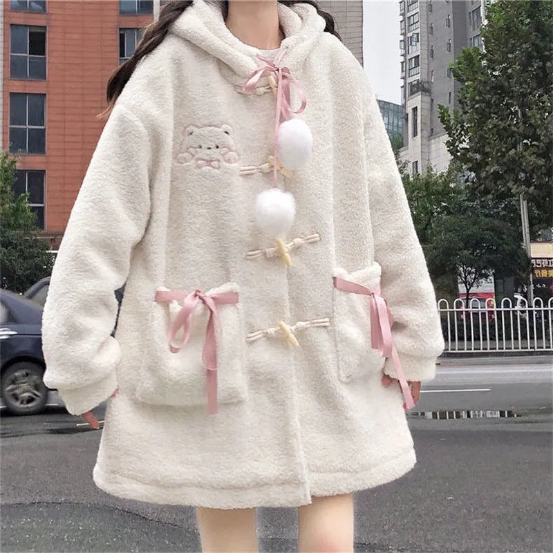 Harajuku Kawaii Aesthetic Dollette Pink Ribbon Pom Pom White Sherpa Coat