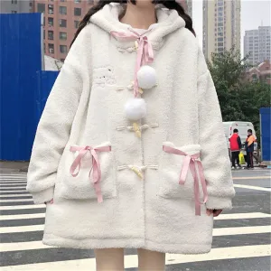 Harajuku Kawaii Aesthetic Dollette Pink Ribbon Pom Pom White Sherpa Coat