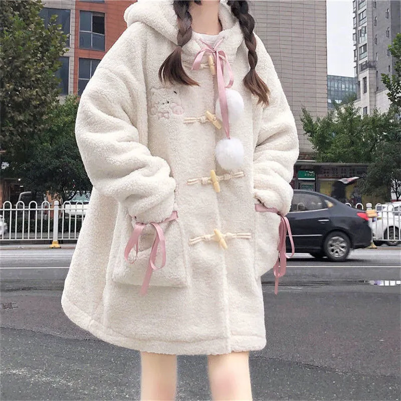 Harajuku Kawaii Aesthetic Dollette Pink Ribbon Pom Pom White Sherpa Coat