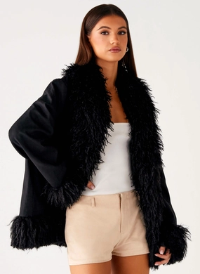 Carmelita Fur Trim Jacket - Black Reinforced Shoulders