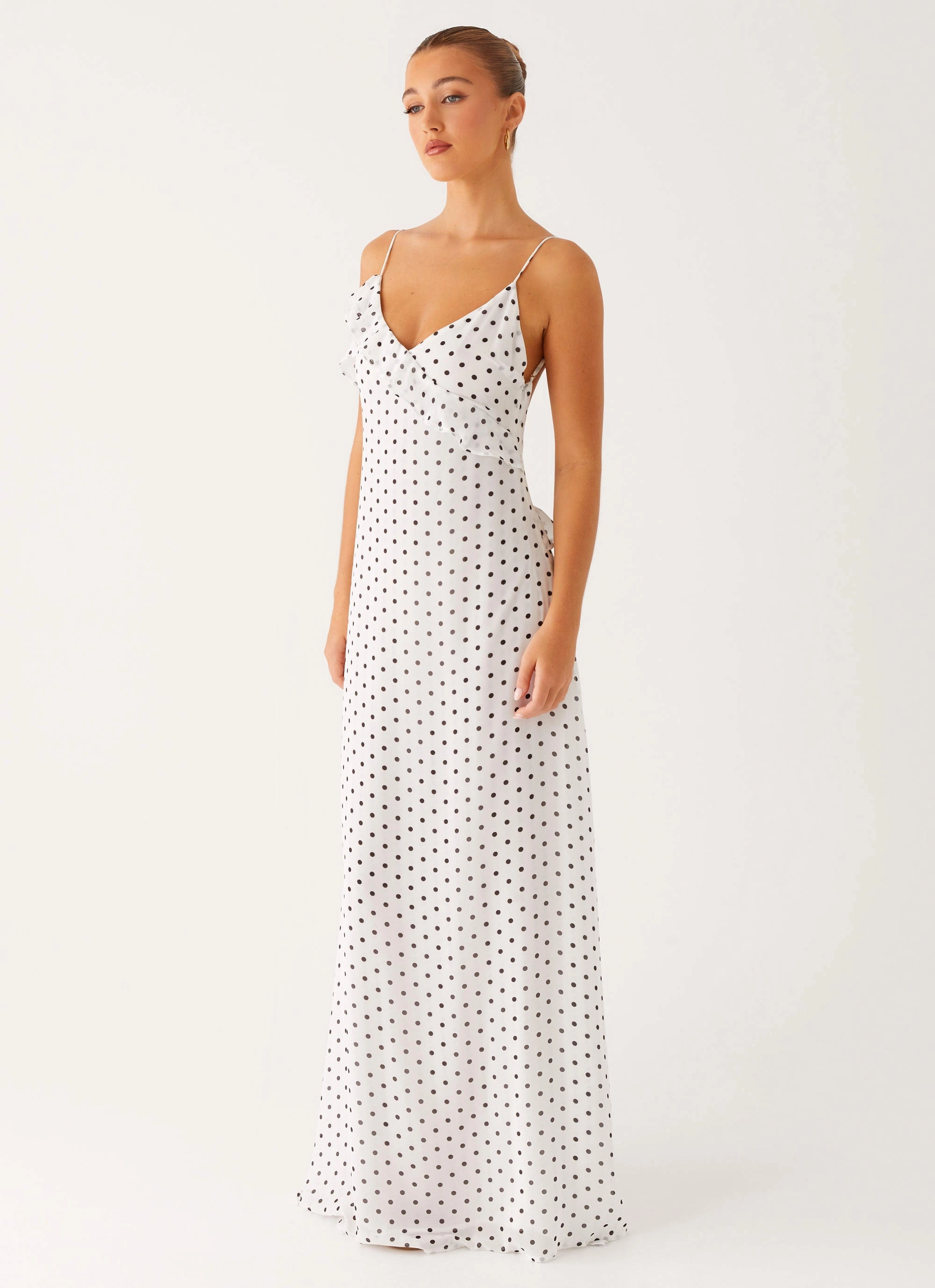 Harri Maxi Dress - White Polka Dot Stylish party wear Business casual