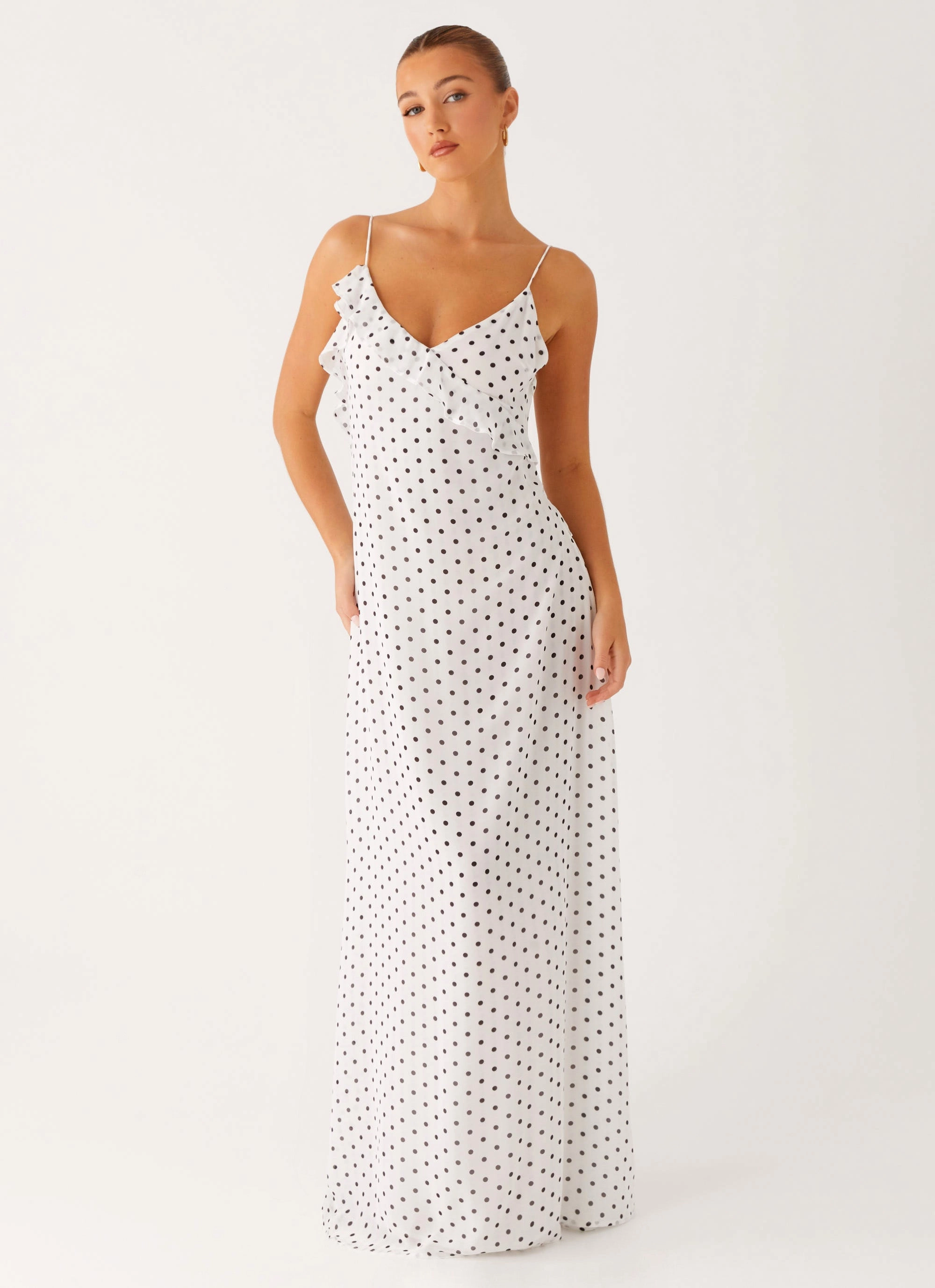 Harri Maxi Dress - White Polka Dot Crisp Detail Vintage Vibe