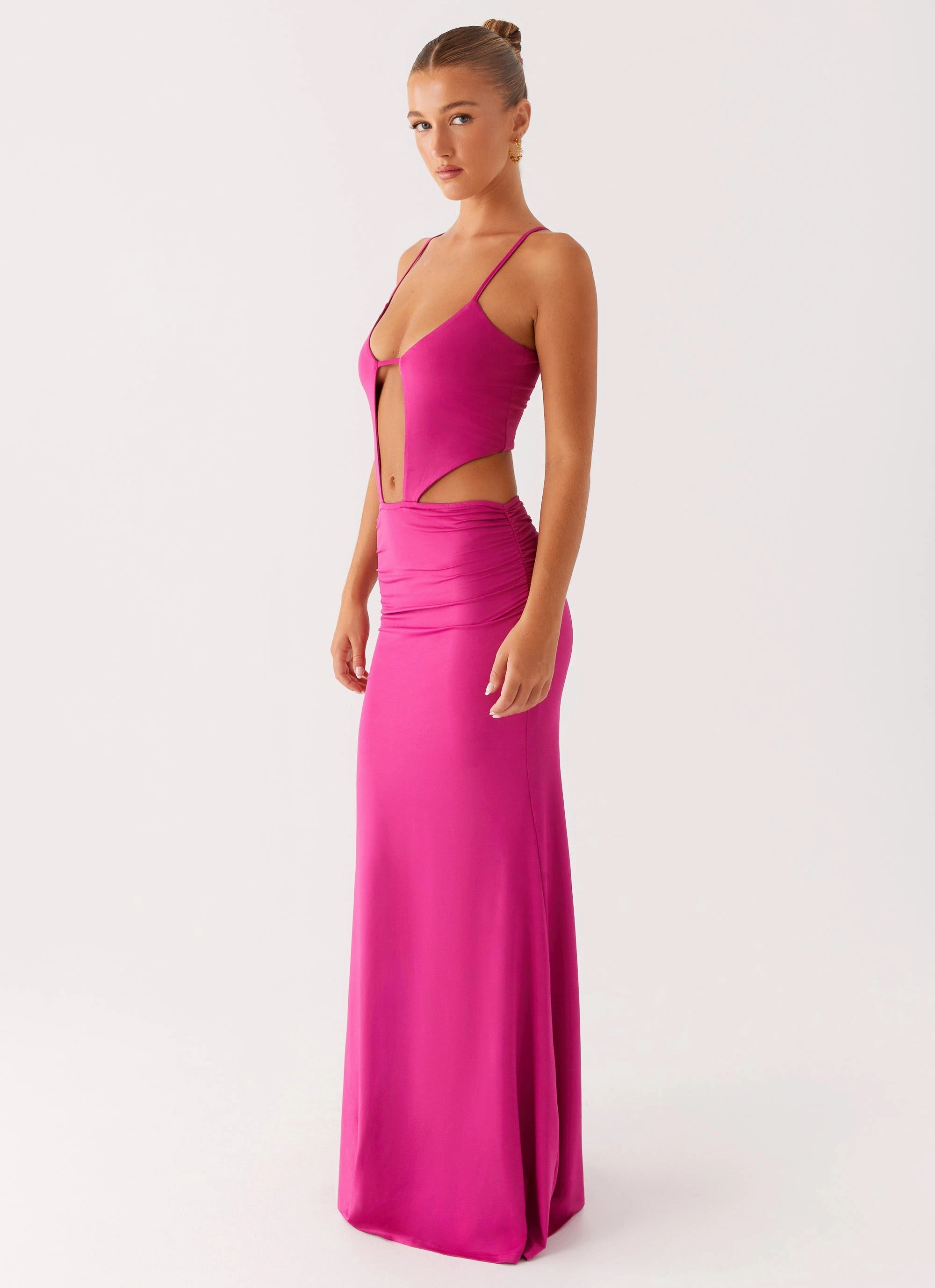 Headliner Maxi Dress - Fuchsia button detail Anti-Static-Finish