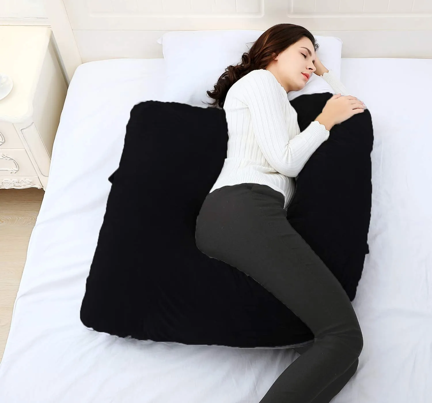 Heart Home Cotton Ultra Soft Hollow Fibre L Shaped Maternity Pillow, Pregnancy Pillow, Body Pillow with Zippered Cover (Black)-HEART11433