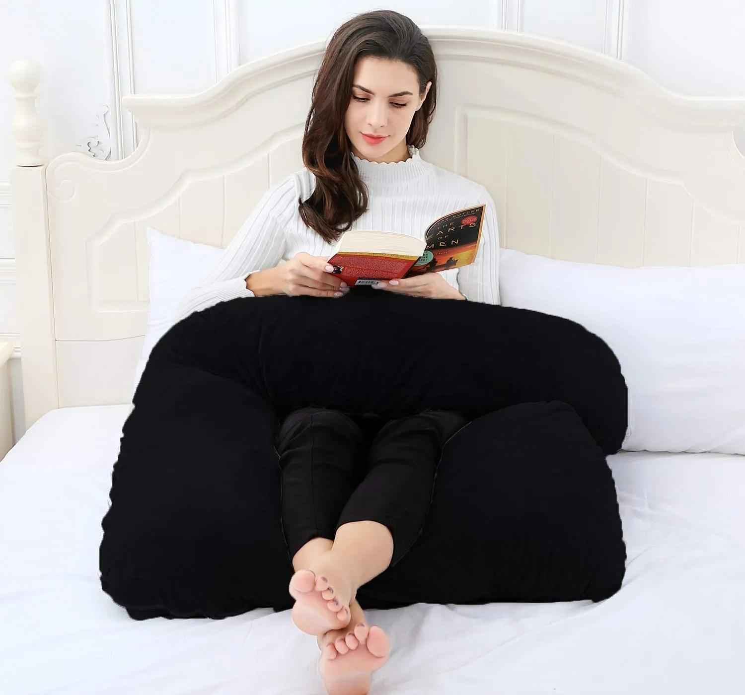 Heart Home Cotton Ultra Soft Hollow Fibre L Shaped Maternity Pillow, Pregnancy Pillow, Body Pillow with Zippered Cover (Black)-HEART11433