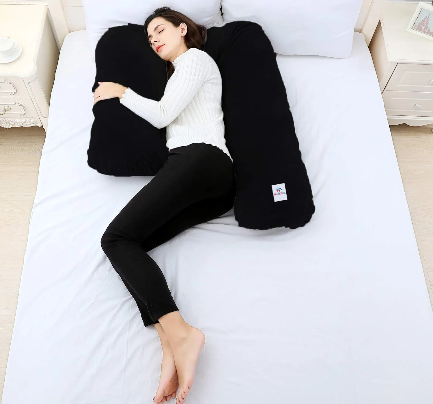 Heart Home Cotton Ultra Soft Hollow Fibre L Shaped Maternity Pillow, Pregnancy Pillow, Body Pillow with Zippered Cover (Black)-HEART11433