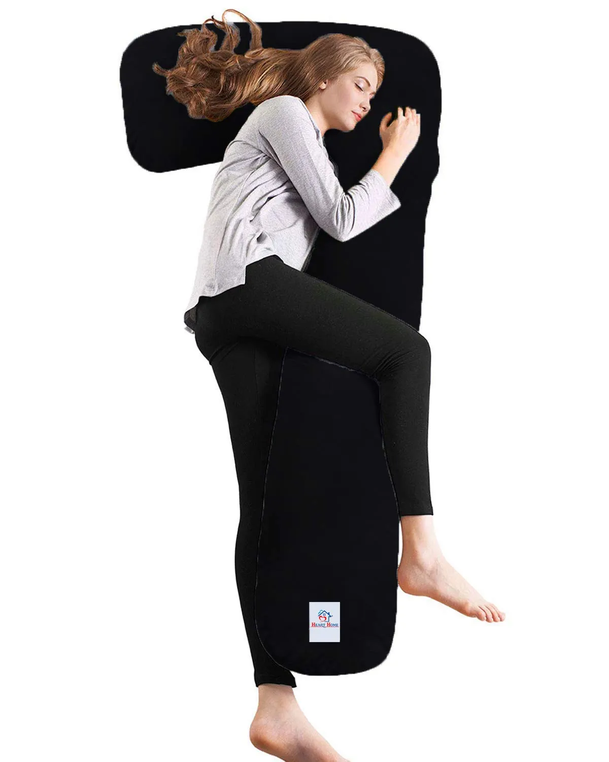 Heart Home Cotton Ultra Soft Hollow Fibre L Shaped Maternity Pillow, Pregnancy Pillow, Body Pillow with Zippered Cover (Black)-HEART11433