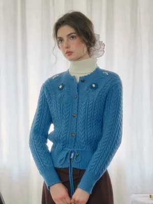 Vesper Wavy Neck Ribbed Wool Cardigan - Blue Cozy Wear