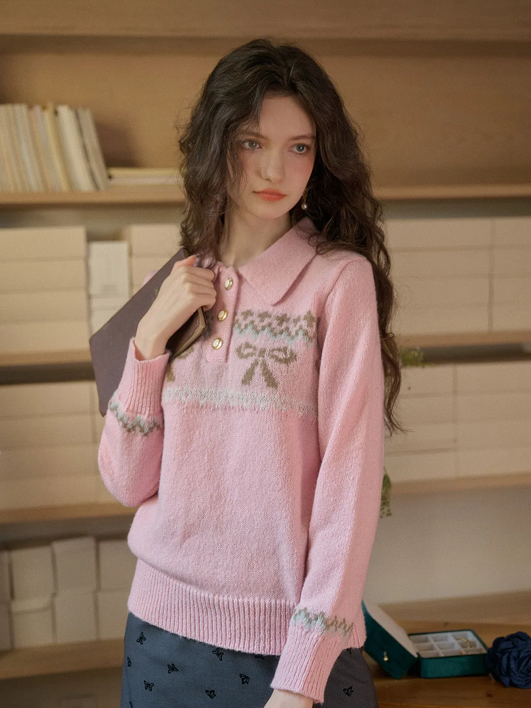 Everyday Jacket Roll Up Sleeve System ??Final Sale??Paloma Polo Collar Printed Colour-Crossing Bowknot Pullover Sweater