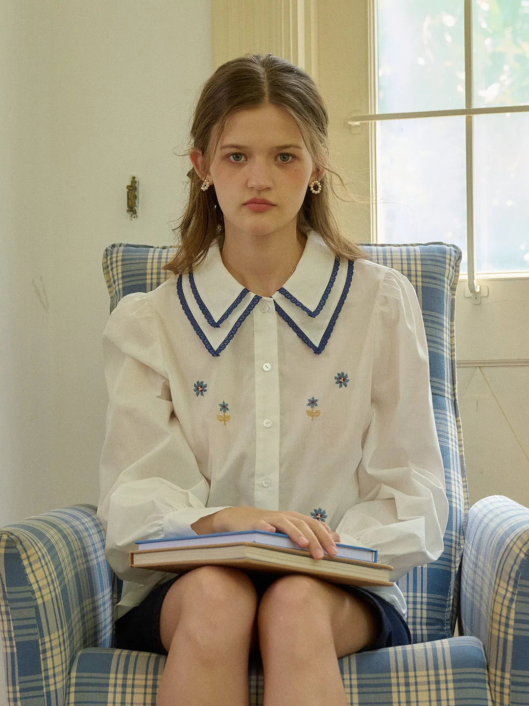 ??Final Sale??Paloma Embroidered Double-Collar Color-Block Shirt NoRoll Hem Technology OrganicCotton