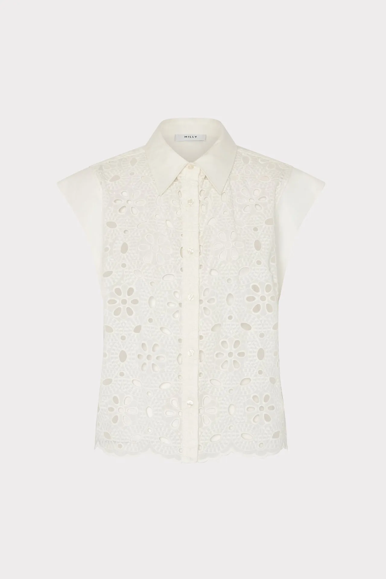 Natalia Floral Eyelet Button Up Self Fabric Tie DoubleNeedle Stitching
