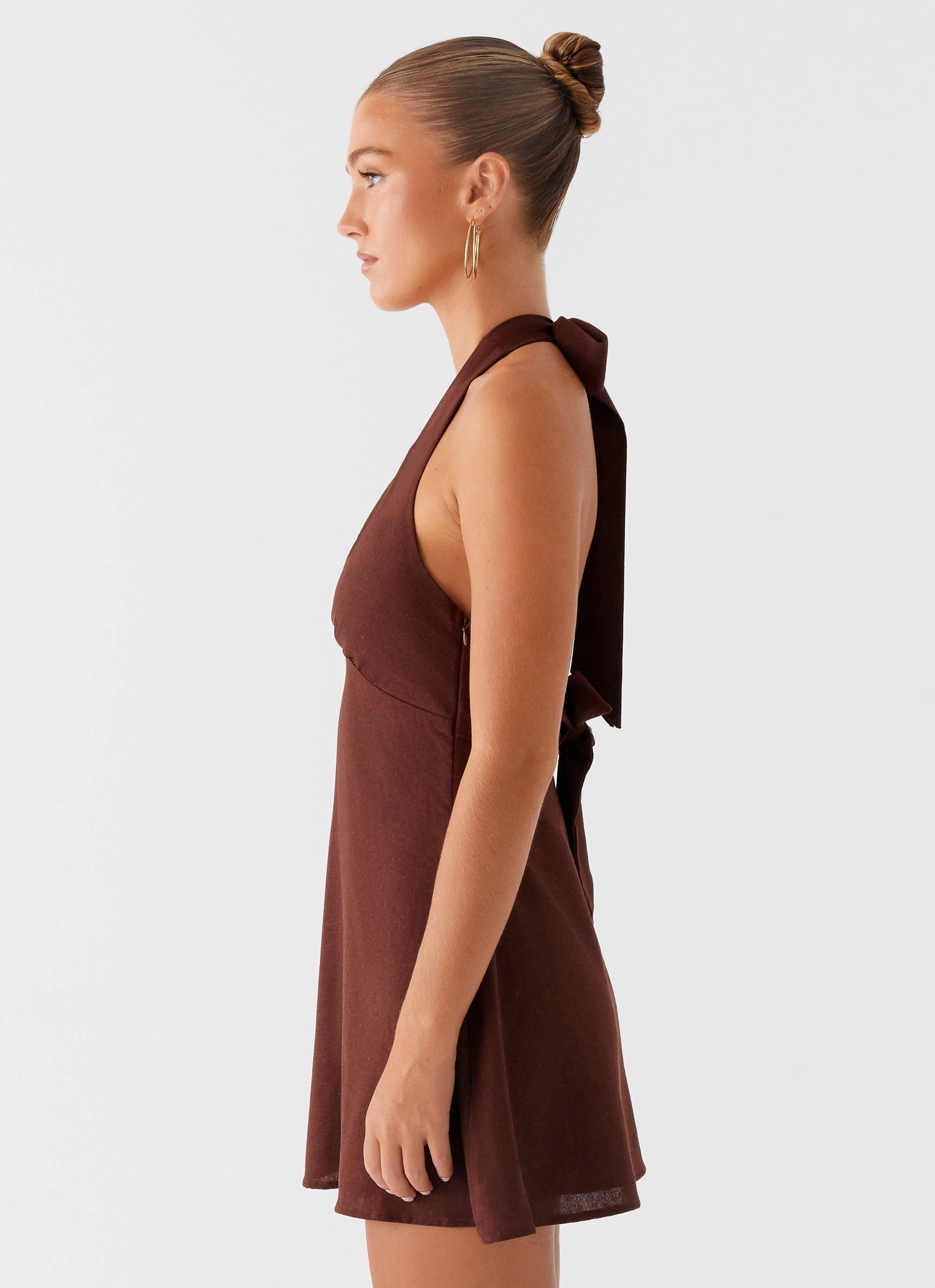 Heavy Hearted Linen Mini Dress - Brown Nature Bloom