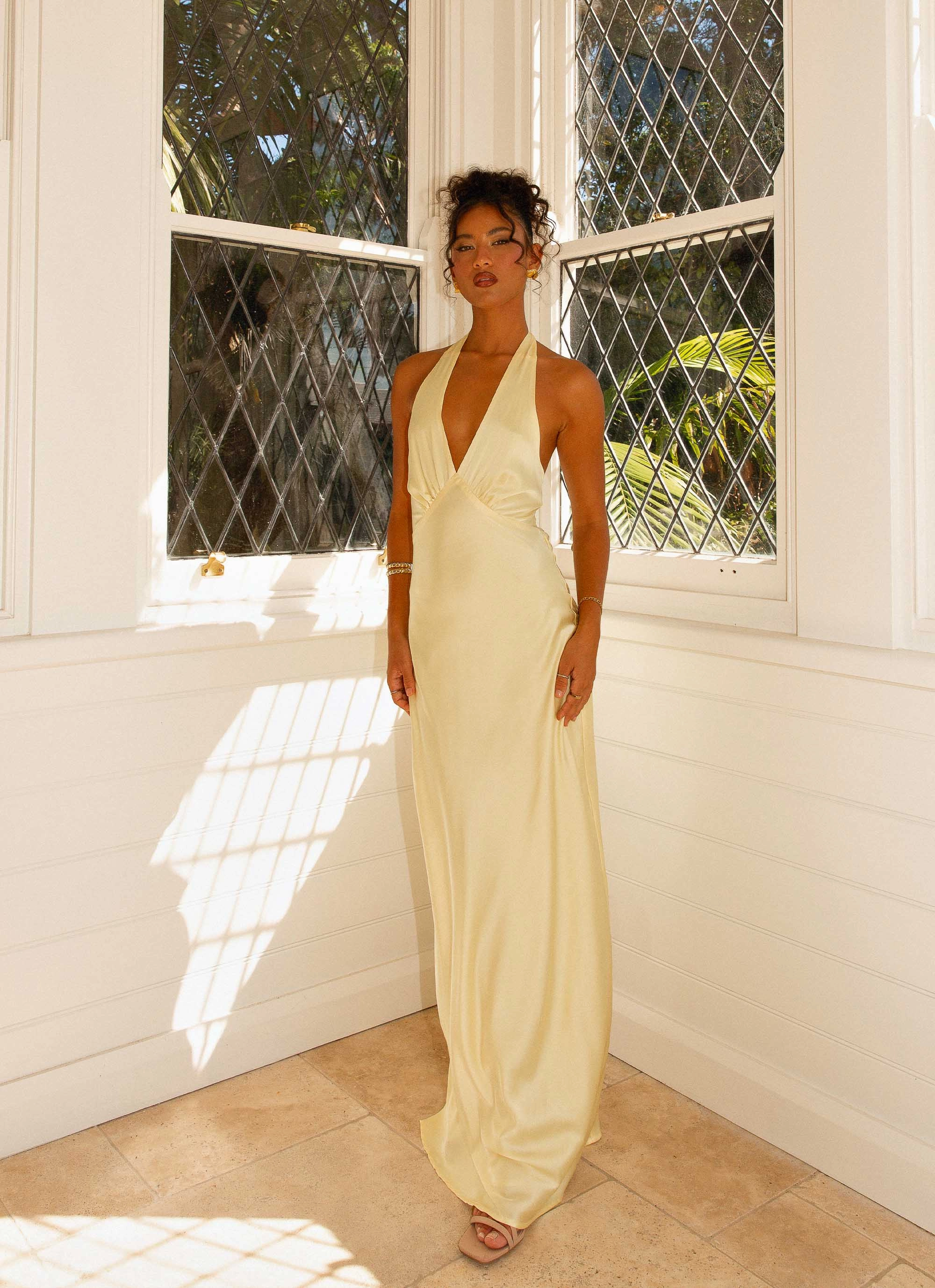 Versatile Edge Cool Look Heavy Hearted Satin Maxi Dress - Lemon