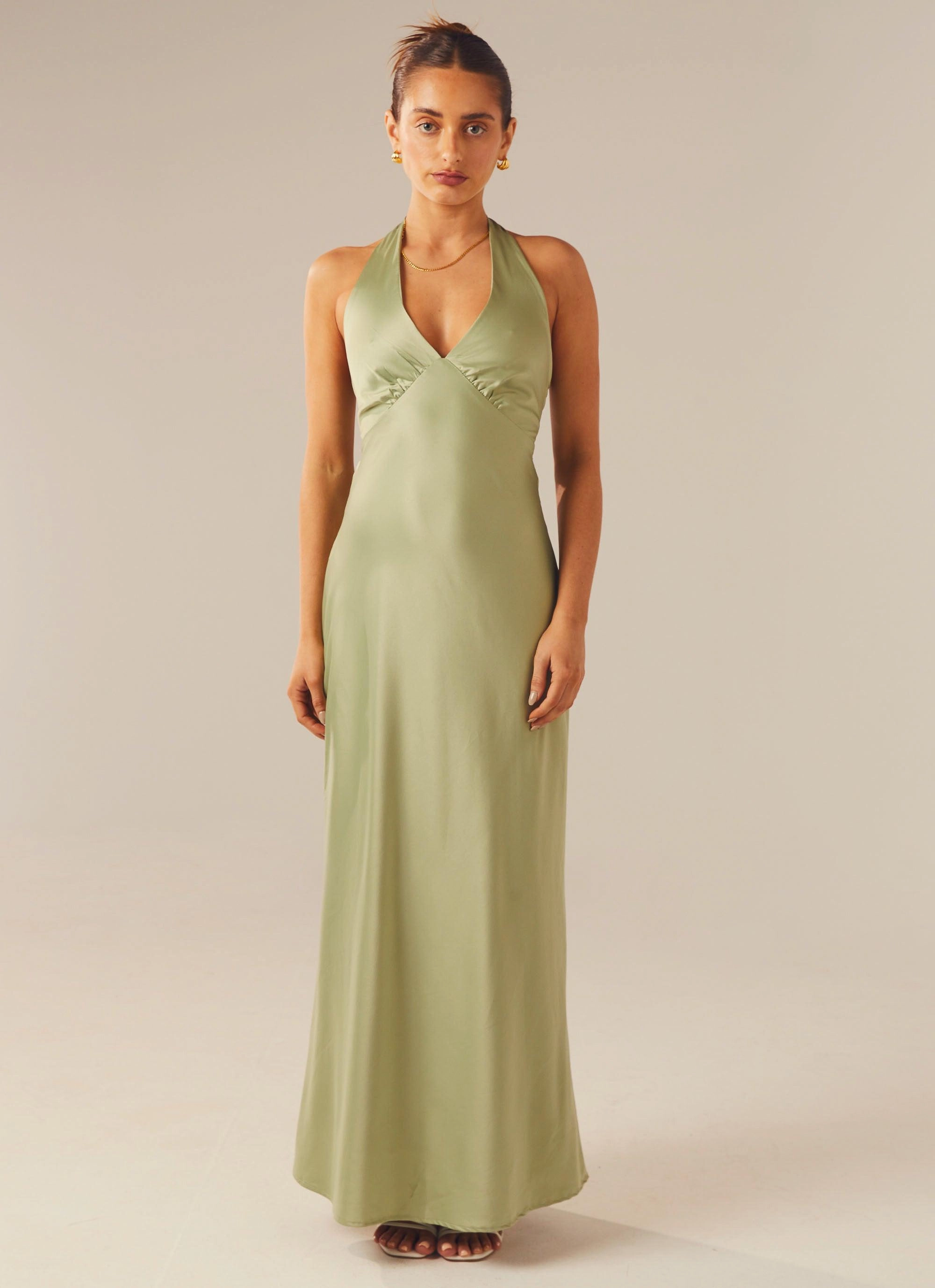 Natural Drape Workwear Heavy Hearted Satin Maxi Dress - Sage
