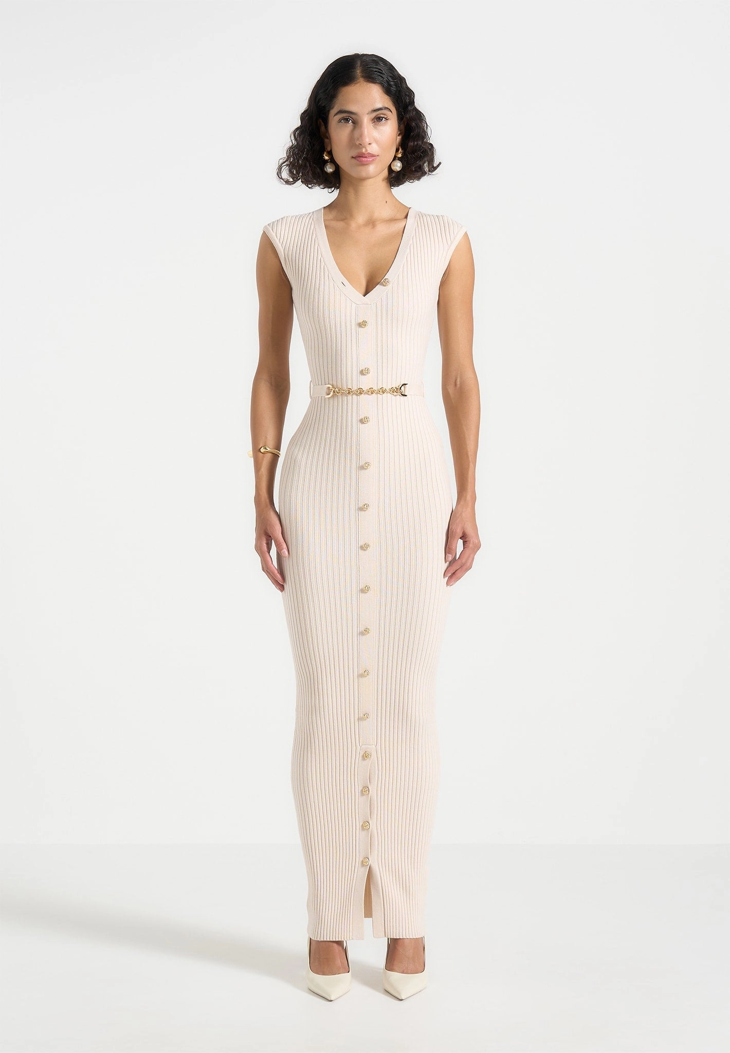 Work Favorite Flattering Waistband Fit Helene - Knitted Midaxi Dress with Belt - Beige